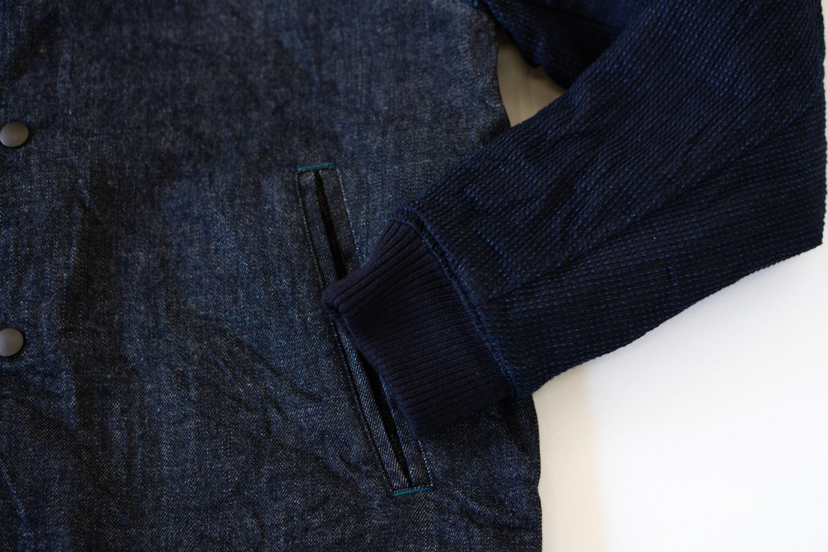 3925 12OZ DENIM X 12OZ CUBE SASHIKO VARSITY JACKET