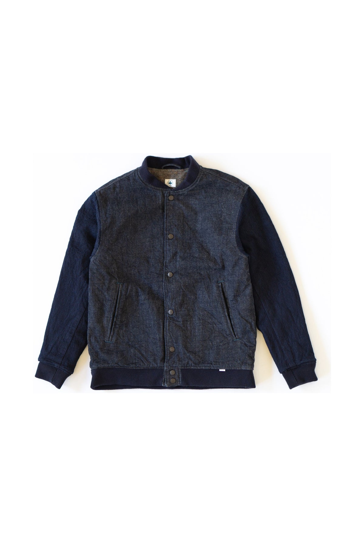 3925 12OZ DENIM X 12OZ CUBE SASHIKO VARSITY JACKET